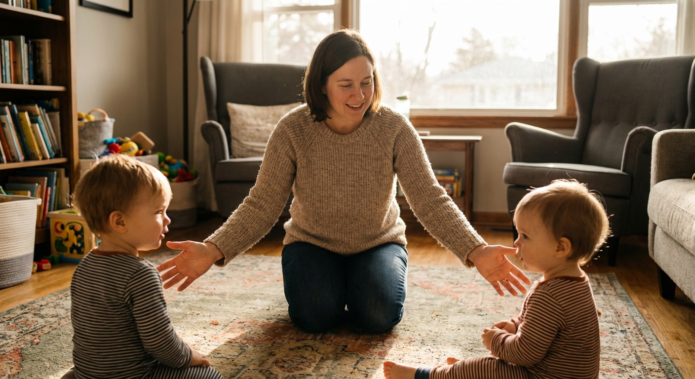 A photorealistic home scene of a parent calmly kneeling between two toddlers in a living room, gently guiding them apart with open hands while staying composed, warm natural light, candid family photography
