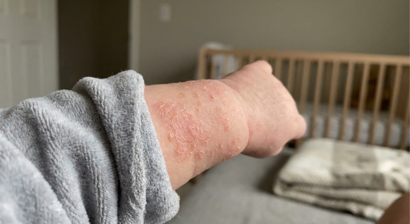 A photorealistic image of an infant’s forearm with a patchy red rash and mild dryness where skin has been irritated, indoor natural lighting, uncluttered background
