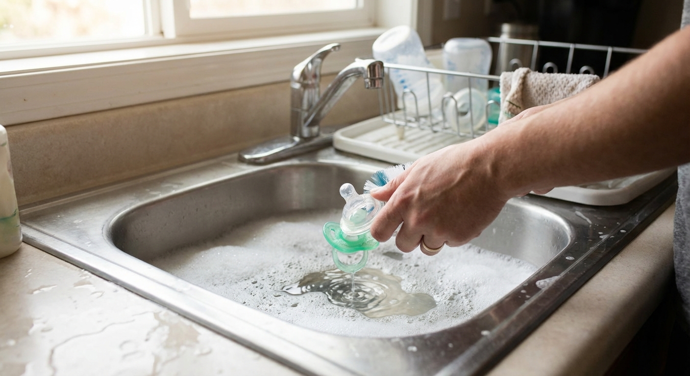 A photorealistic kitchen scene of an adult hand washing baby bottle parts and a pacifier in warm soapy water in a sink, with soft daylight