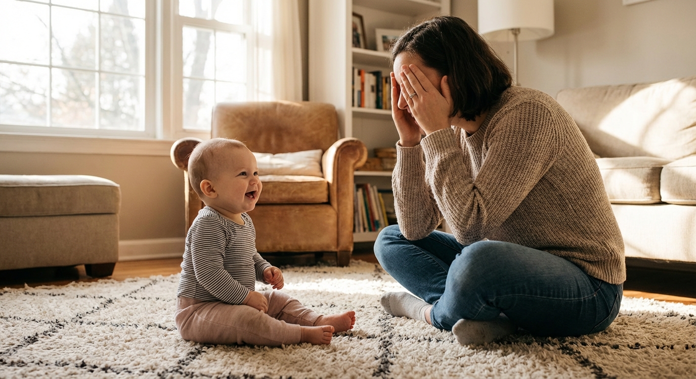 A photorealistic living room scene of a parent playing peekaboo with an eight-month-old baby sitting on a soft rug, the parent’s hands covering their face mid-game, natural window light, candid family photography