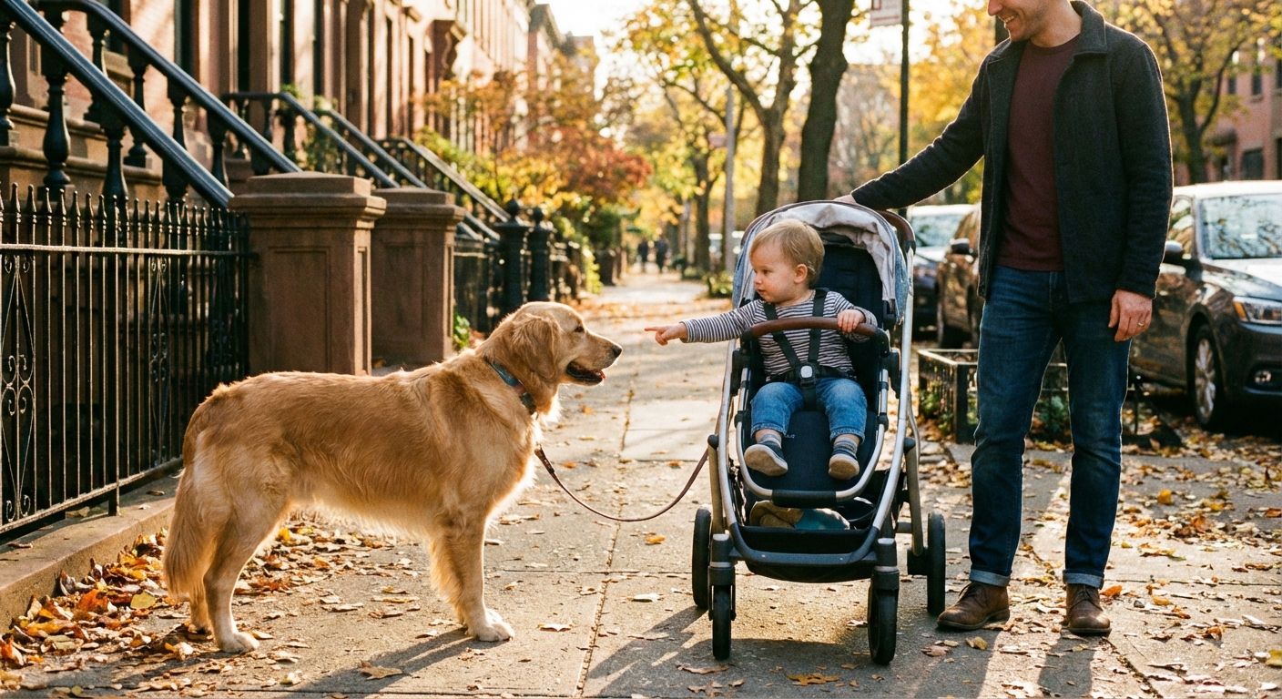 A photorealistic outdoor photo of a toddler in a stroller pointing with one finger toward a dog on a leash on a sidewalk while a parent stands beside the stroller, late afternoon natural light