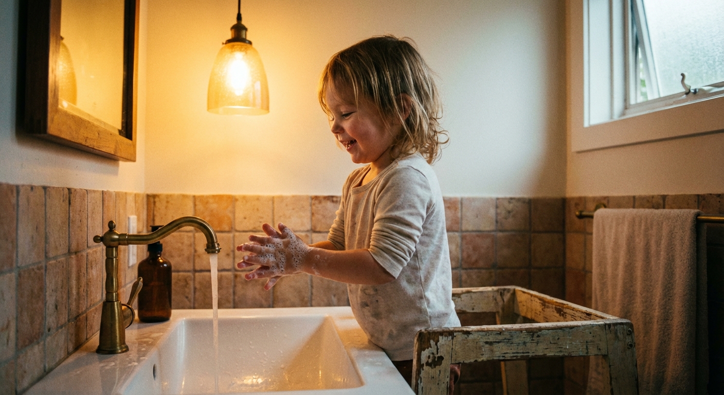 A photorealistic photo of a child standing on a small step stool washing hands at a bathroom sink with soap bubbles, warm indoor lighting