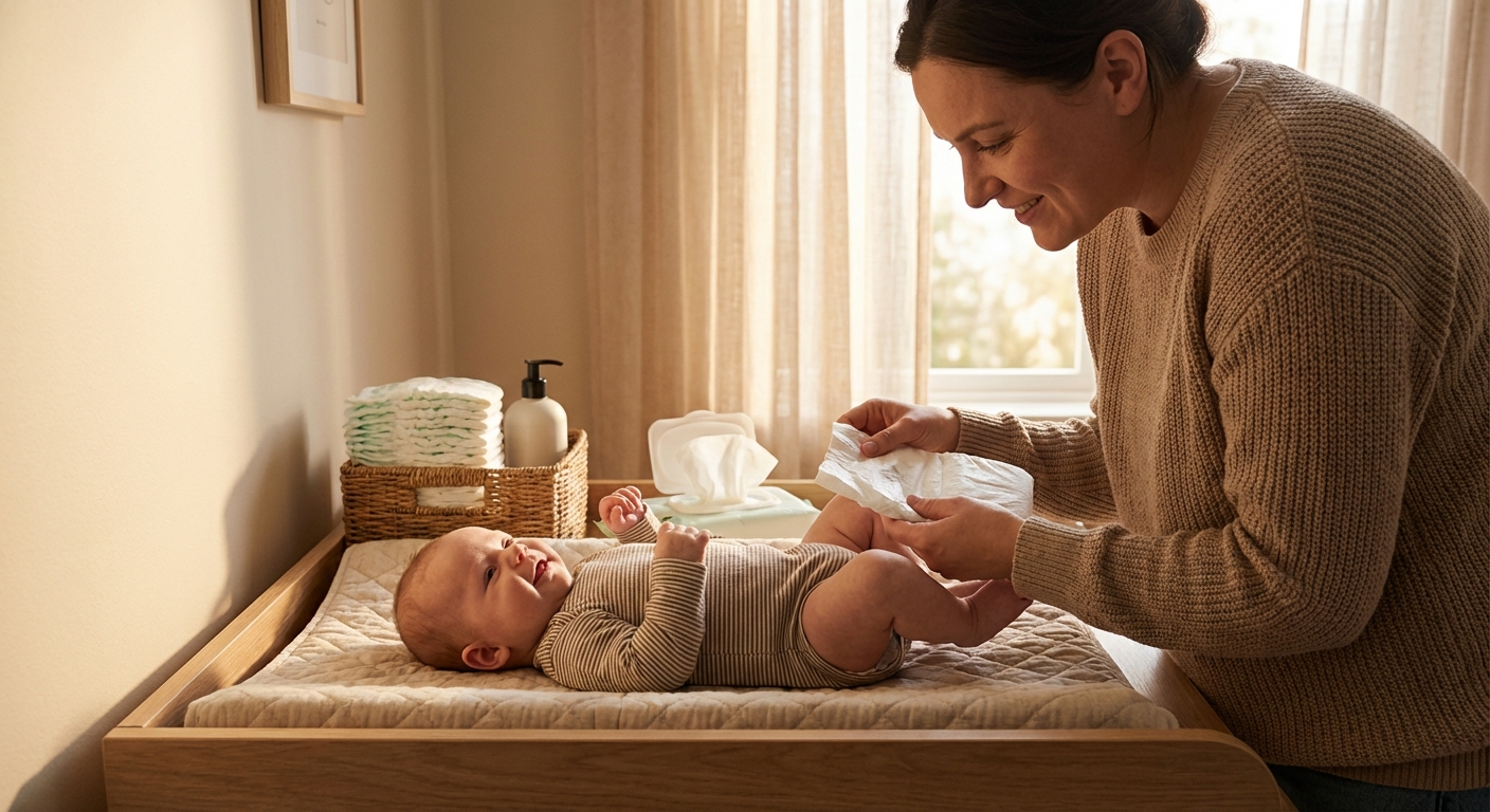 A photorealistic photograph of a parent changing a baby on a changing table, with the baby lying on a soft pad and the parent holding a clean diaper and wipes nearby, warm indoor lighting