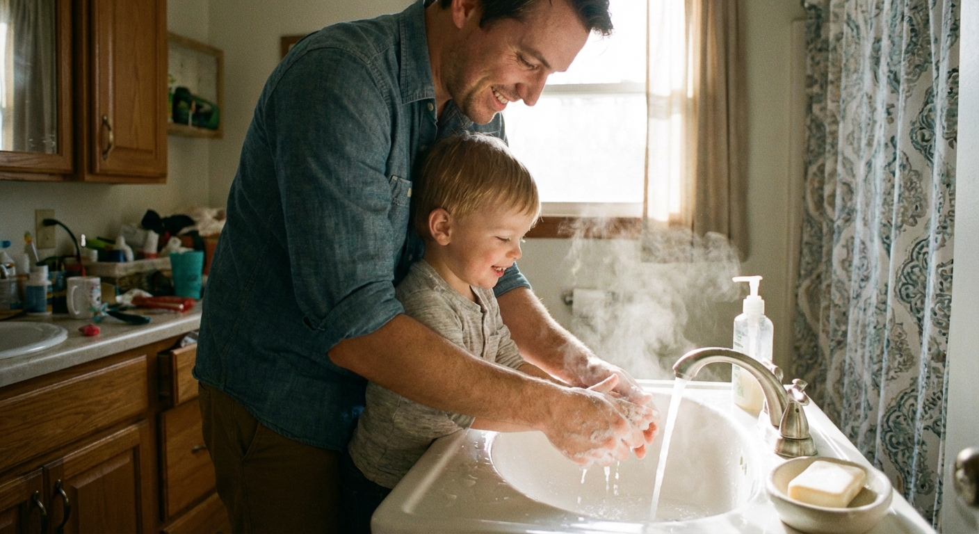 A photorealistic photograph of a parent washing a young child’s hands at a bathroom sink with soap and warm water, bright natural light, everyday home setting