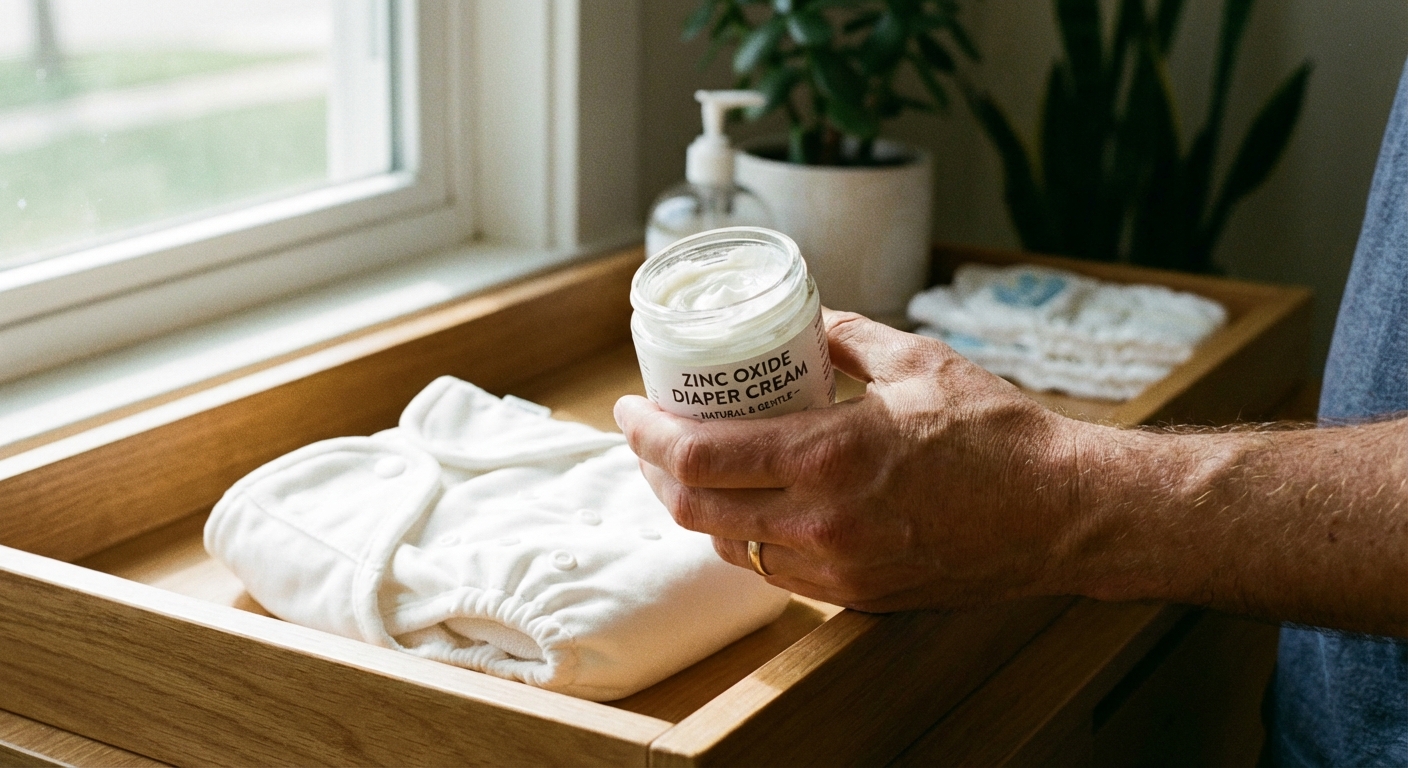 A photorealistic photograph of a parent’s hand holding an open jar of zinc oxide diaper cream next to a clean diaper on a changing table in soft daylight
