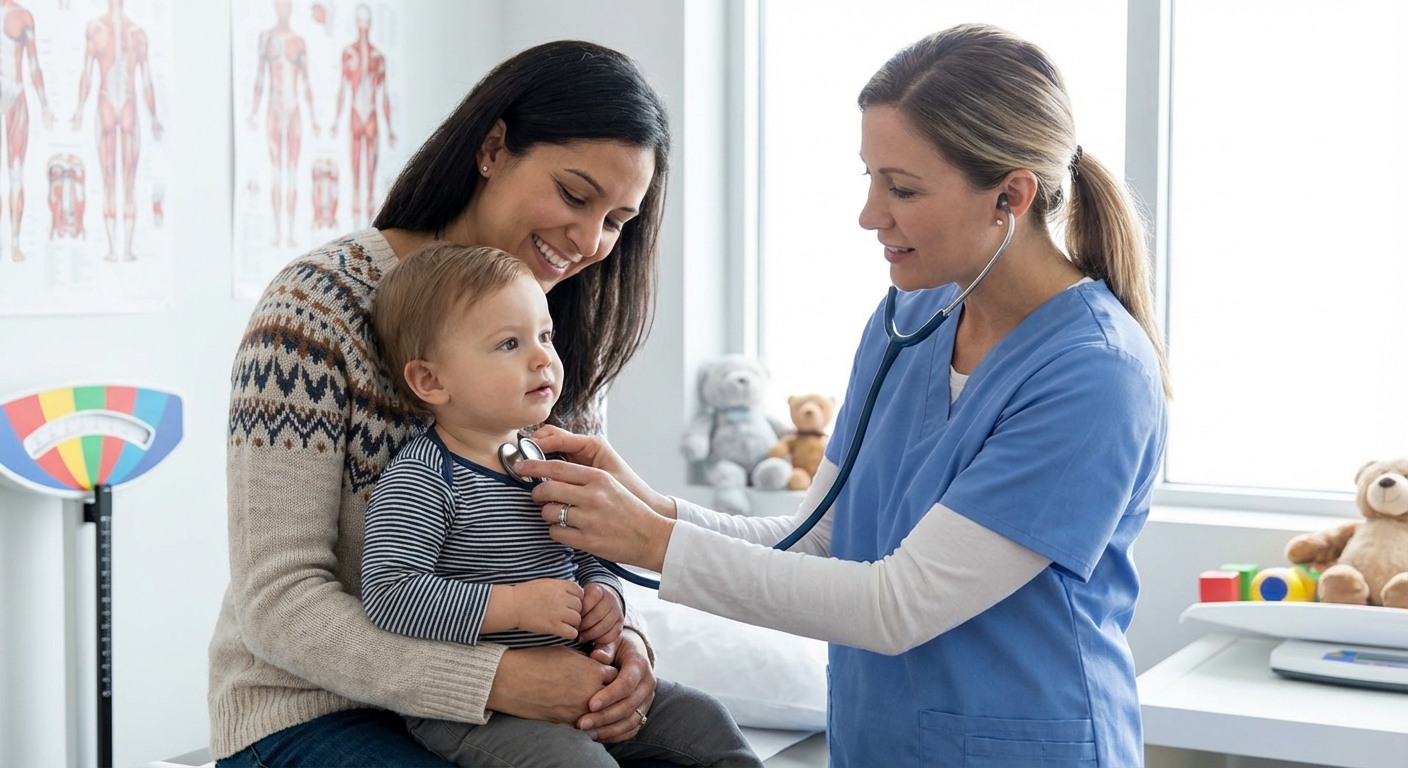 A photorealistic photograph of a pediatrician in a clinic gently examining a toddler’s neck while a parent holds the child on their lap, bright clean exam room, calm reassuring mood
