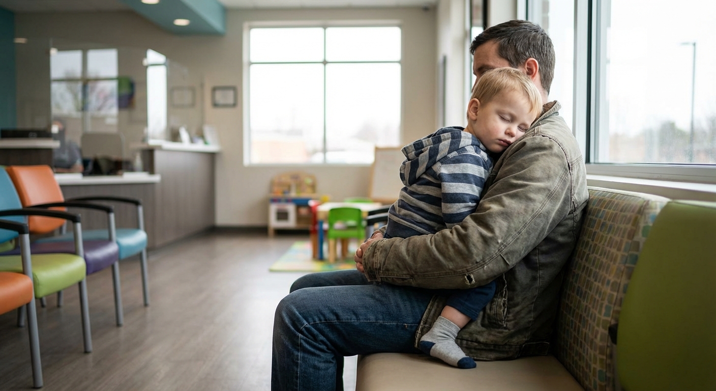 A photorealistic scene of a parent sitting with a toddler on their lap in a pediatric urgent care waiting room, the toddler resting their head on the parent’s shoulder, calm natural light