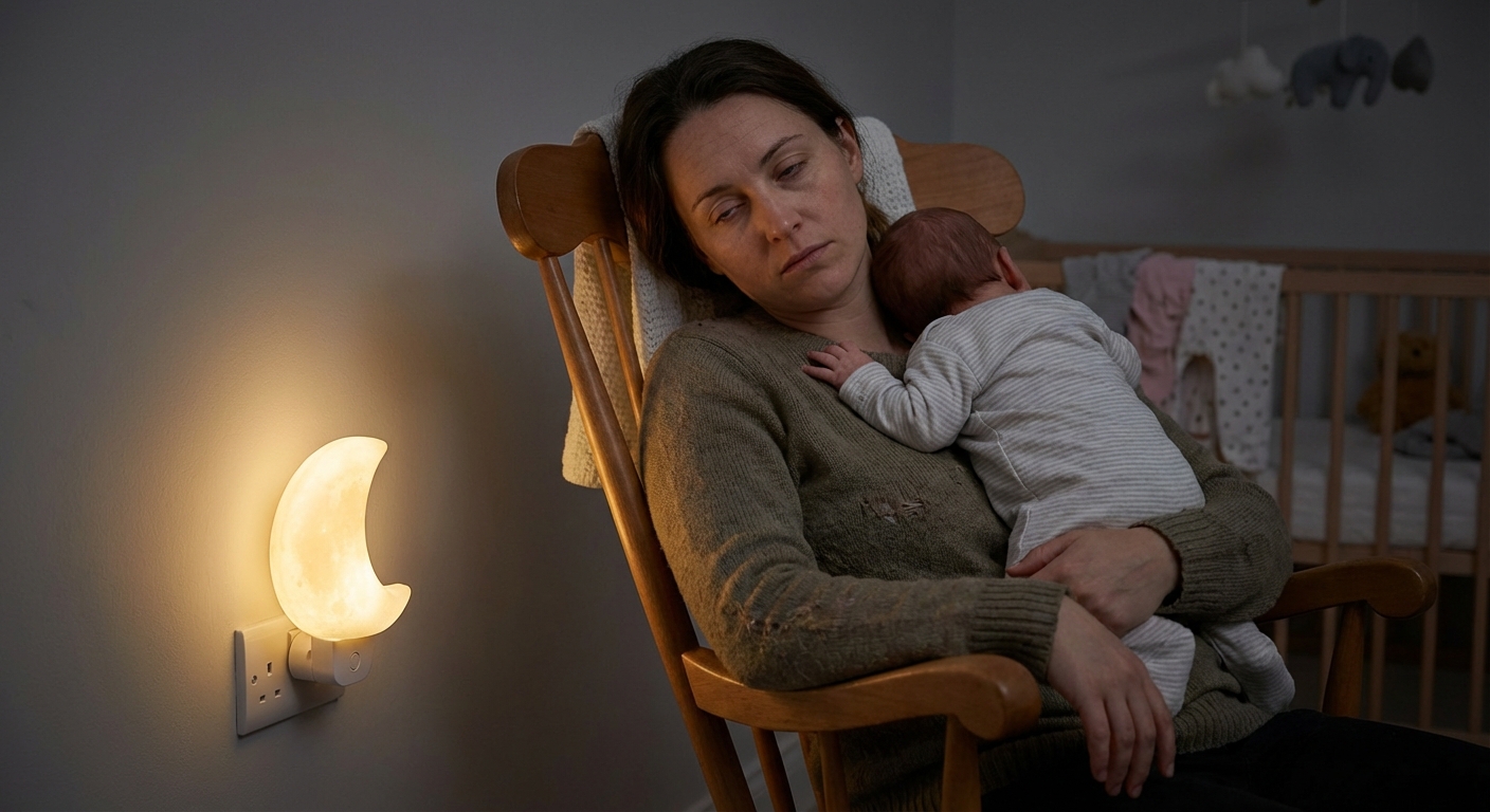 A photorealistic scene of a tired parent sitting in a rocking chair in a dim nursery, gently soothing a baby against their shoulder, soft night light glow, calm intimate home moment