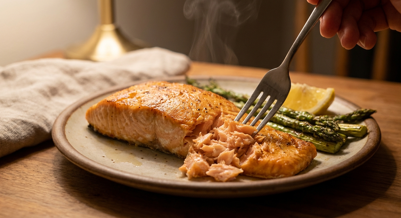 A piece of baked salmon being flaked with a fork on a plate, with the flakes gathered into a small mound, soft indoor lighting, realistic food photo