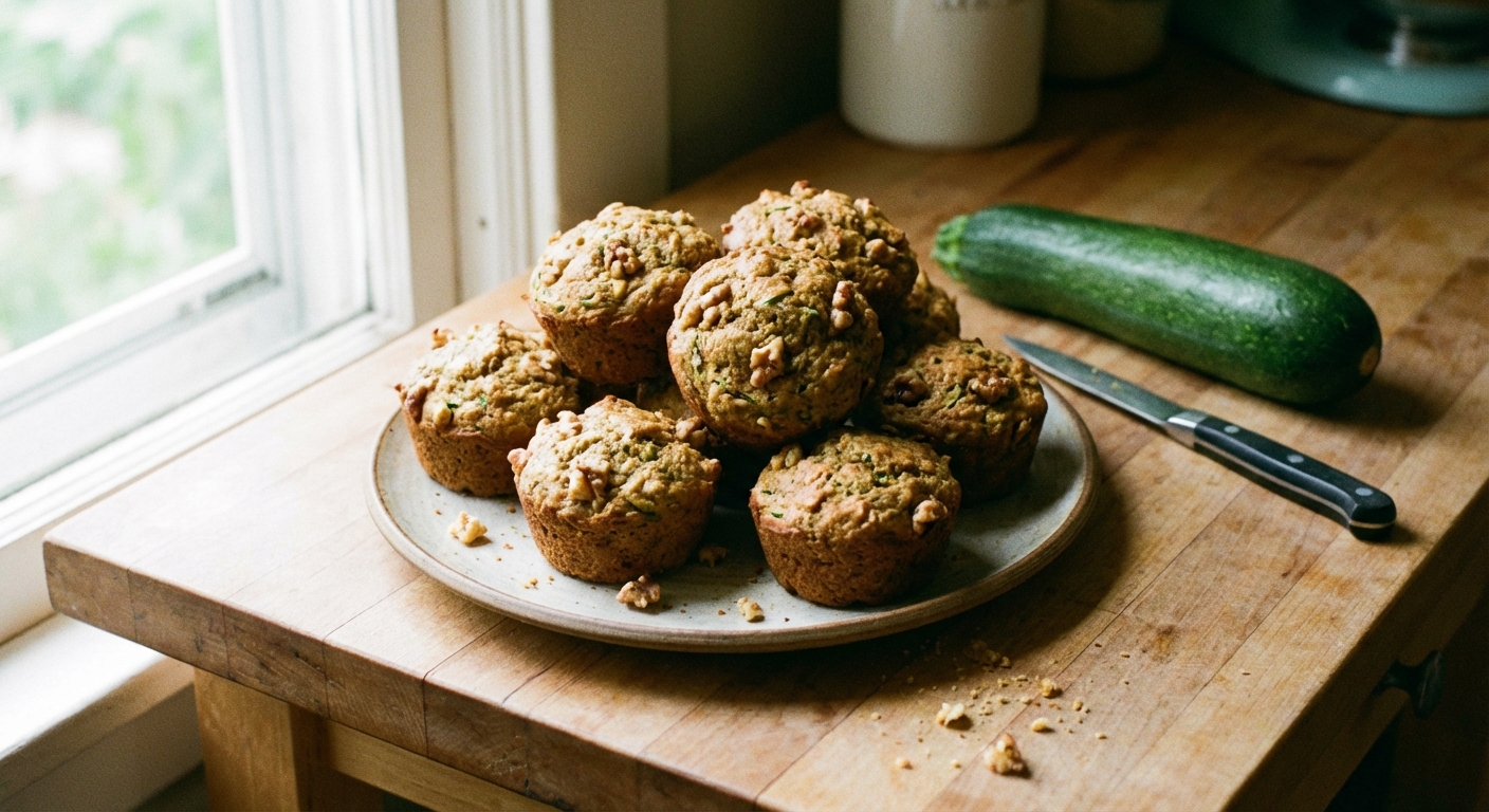 A plate of homemade zucchini muffins on a kitchen counter next to a whole zucchini, natural window light, photorealistic food photography