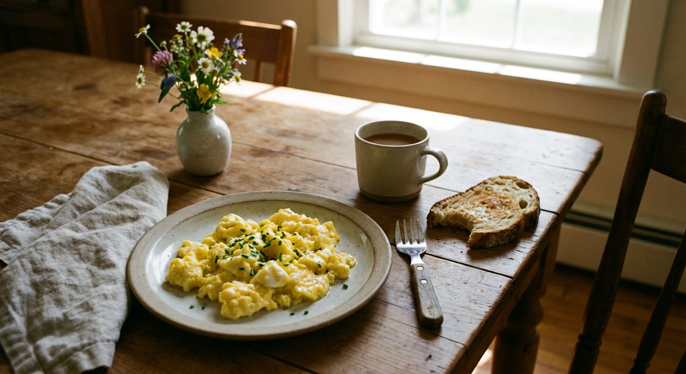 A plate with soft scrambled eggs in large curds next to a small baby fork, cozy breakfast table setting, photorealistic