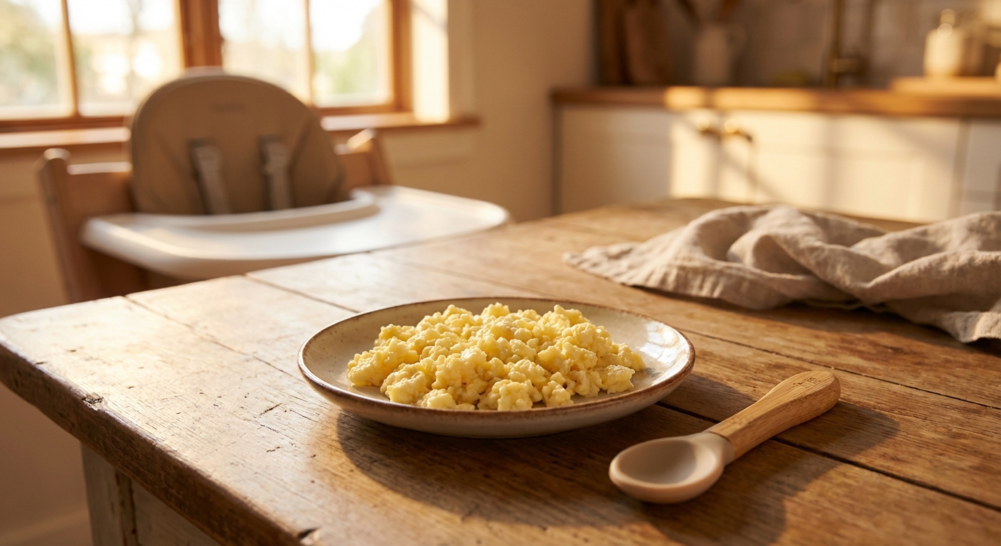 A plate with softly scrambled egg cooked fully and mashed into small pieces, next to a baby spoon on a wooden table, warm morning kitchen lighting, realistic photograph