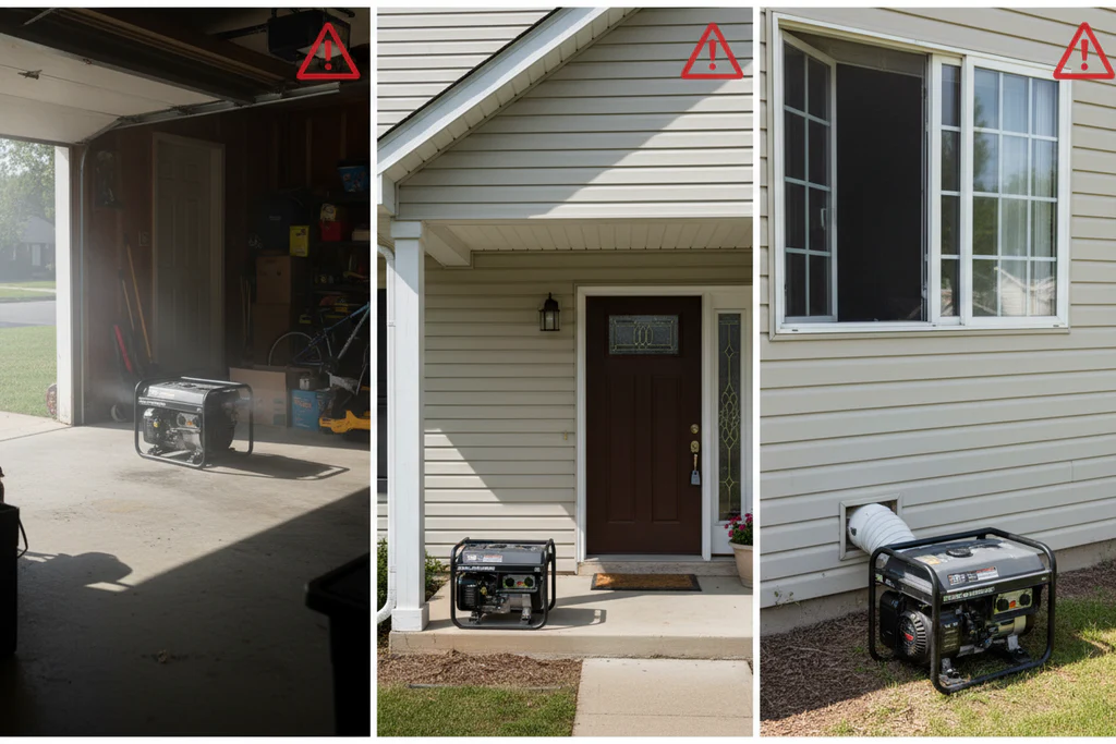 A portable gas generator running outdoors on a driveway near a house with visible exhaust direction, daytime realistic photo