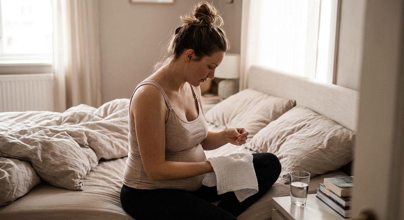 A postpartum mother hand expressing a small amount of breast milk into a clean towel in a quiet bedroom, real-life photography style