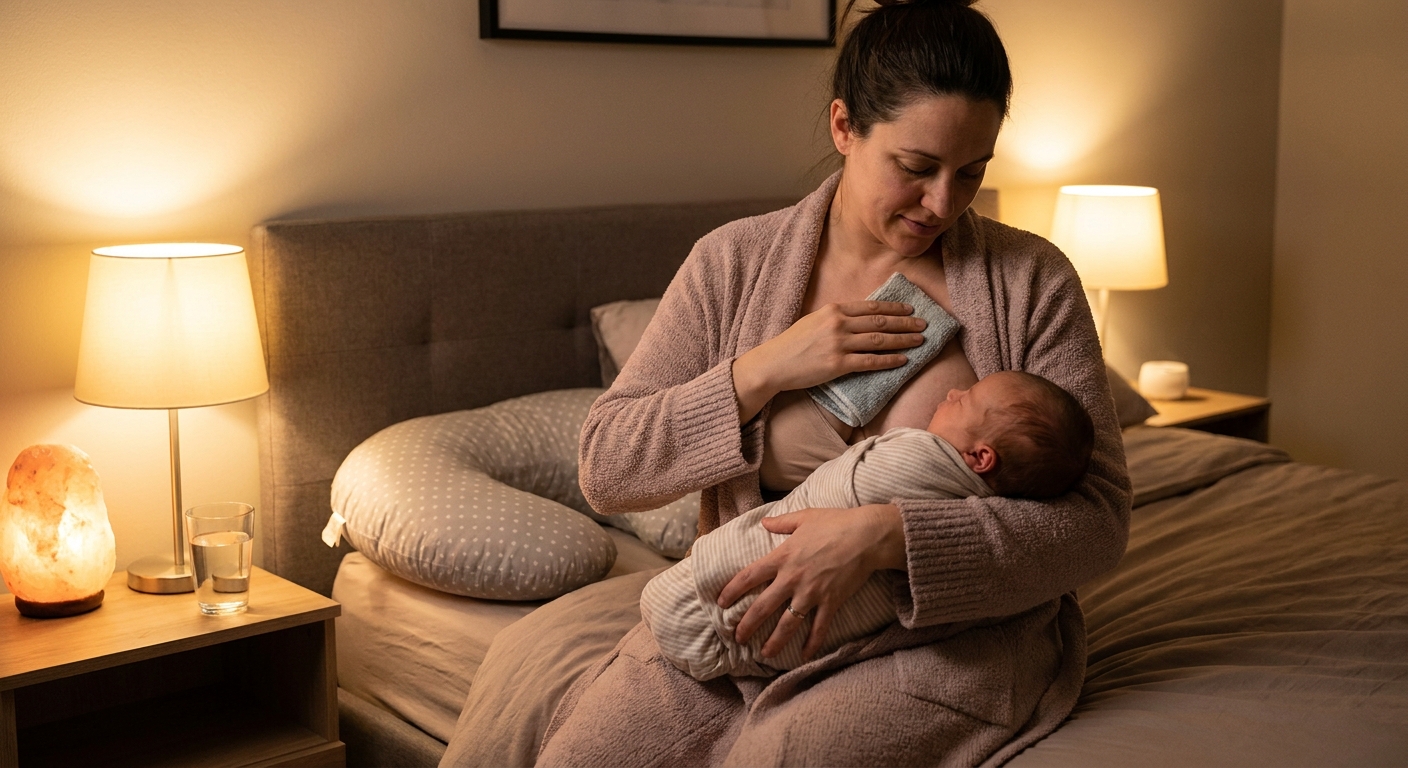 A postpartum mother sitting in a softly lit bedroom holding her baby, pressing a warm compress against her breast after breastfeeding, realistic photo