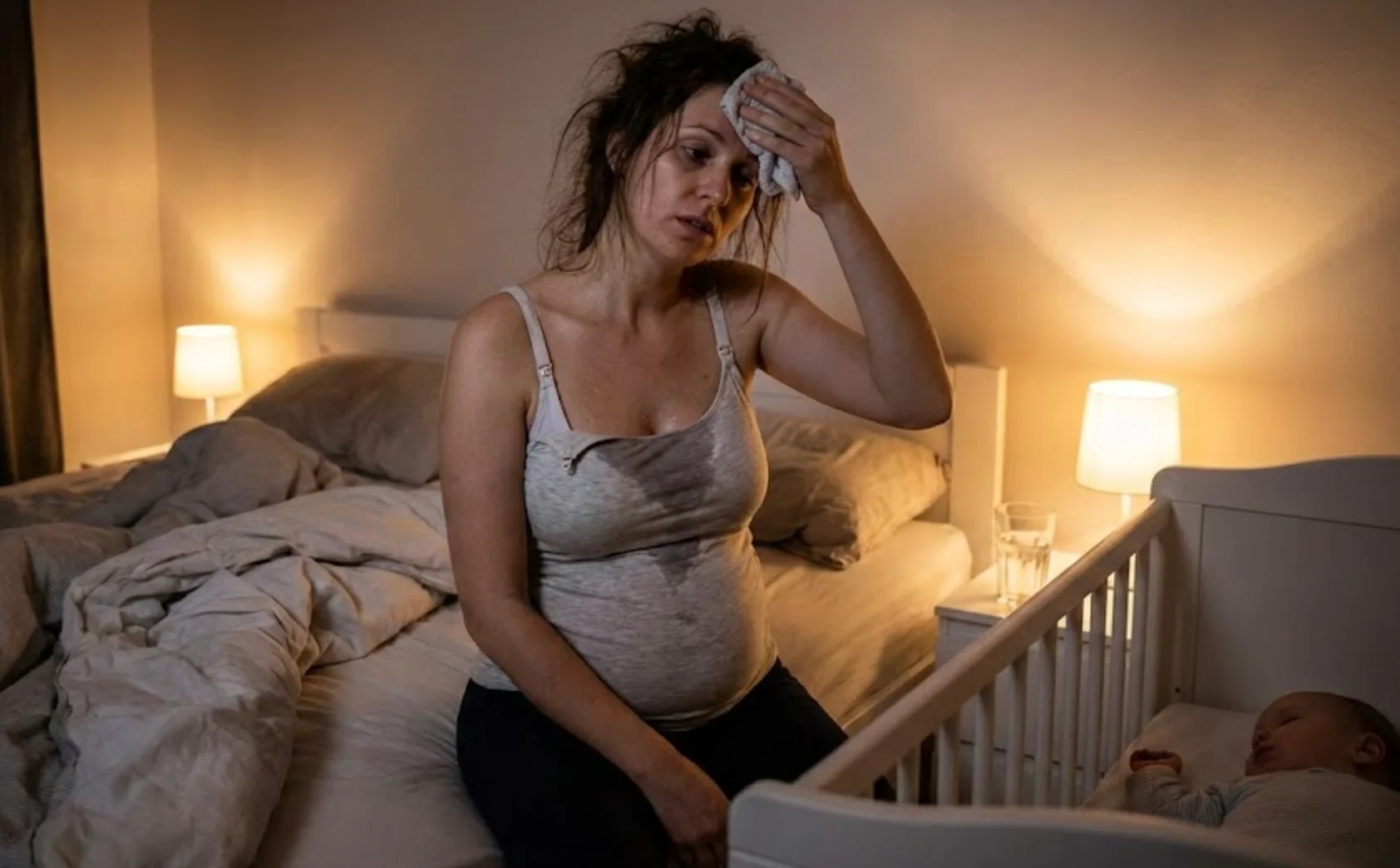 A postpartum mother sitting up in bed at night with damp hair and a tired expression, holding a glass of water beside rumpled sheets in a softly lit bedroom