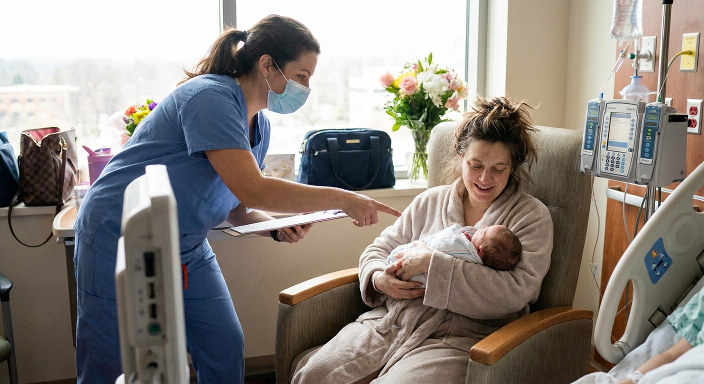 A postpartum parent in a hospital room holding a newborn while a nurse checks on them, candid real-life photography style