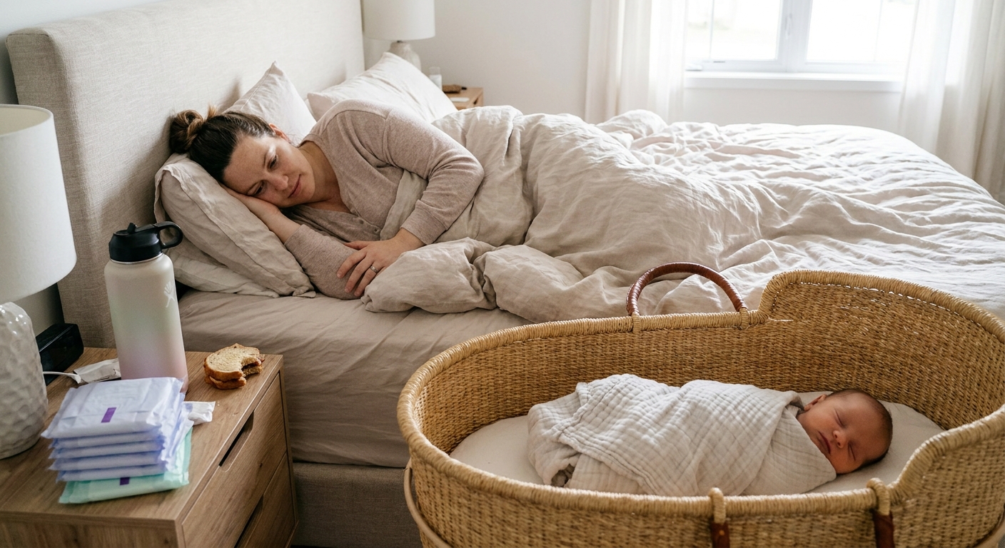 A postpartum parent resting on a bed with a newborn nearby in a bassinet, a water bottle and maternity pads on a bedside table, realistic lifestyle photo