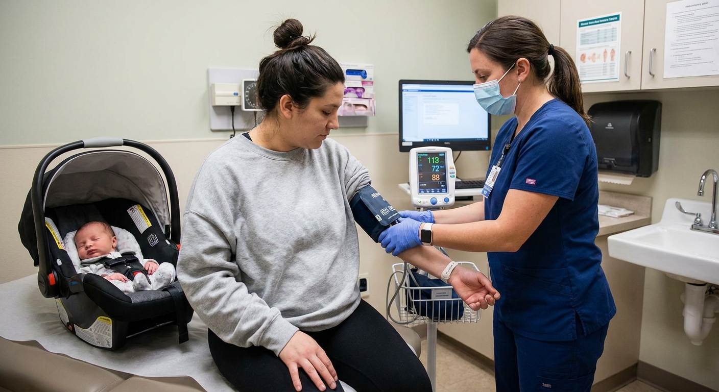 A postpartum parent seated in a clinic exam room while a nurse measures their blood pressure, realistic healthcare photography style