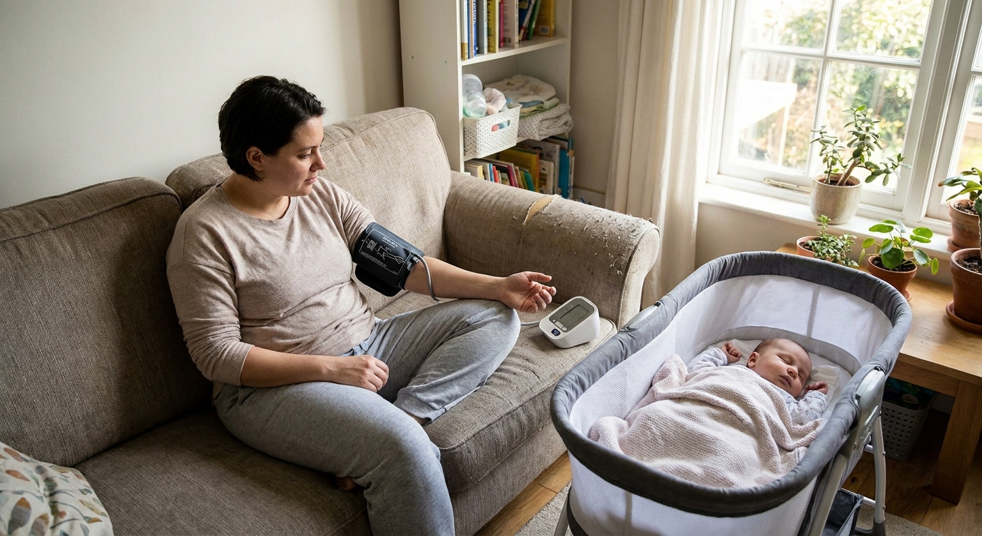A postpartum parent sitting on a couch at home using an automatic upper arm blood pressure cuff while a newborn sleeps nearby, natural window light, realistic photo