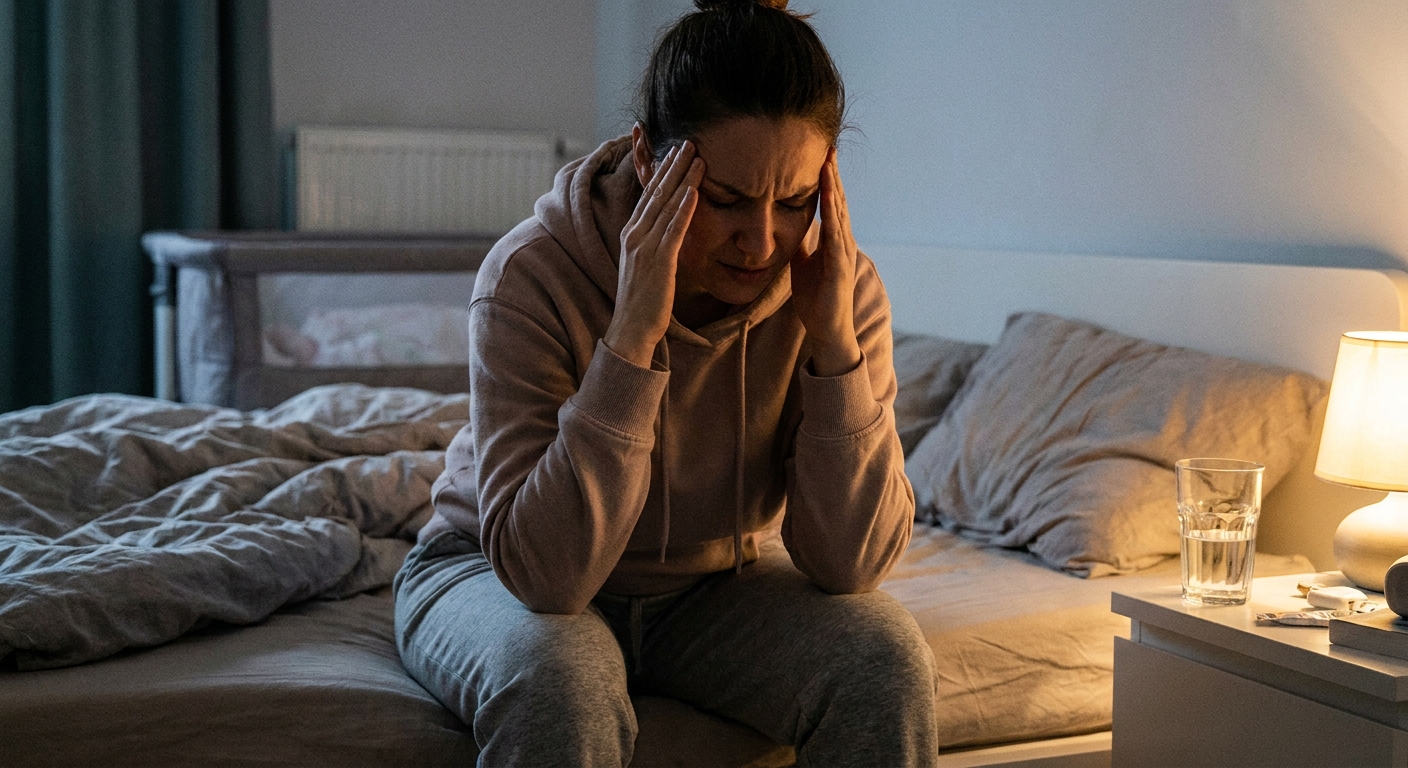 A postpartum parent sitting on the edge of a bed in a dim bedroom holding their temples with a pained expression, realistic candid photo