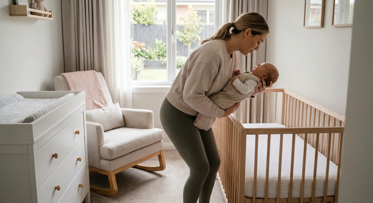 A postpartum parent standing in a nursery, bending knees and keeping the baby close while lifting from a crib with steady posture, realistic photo