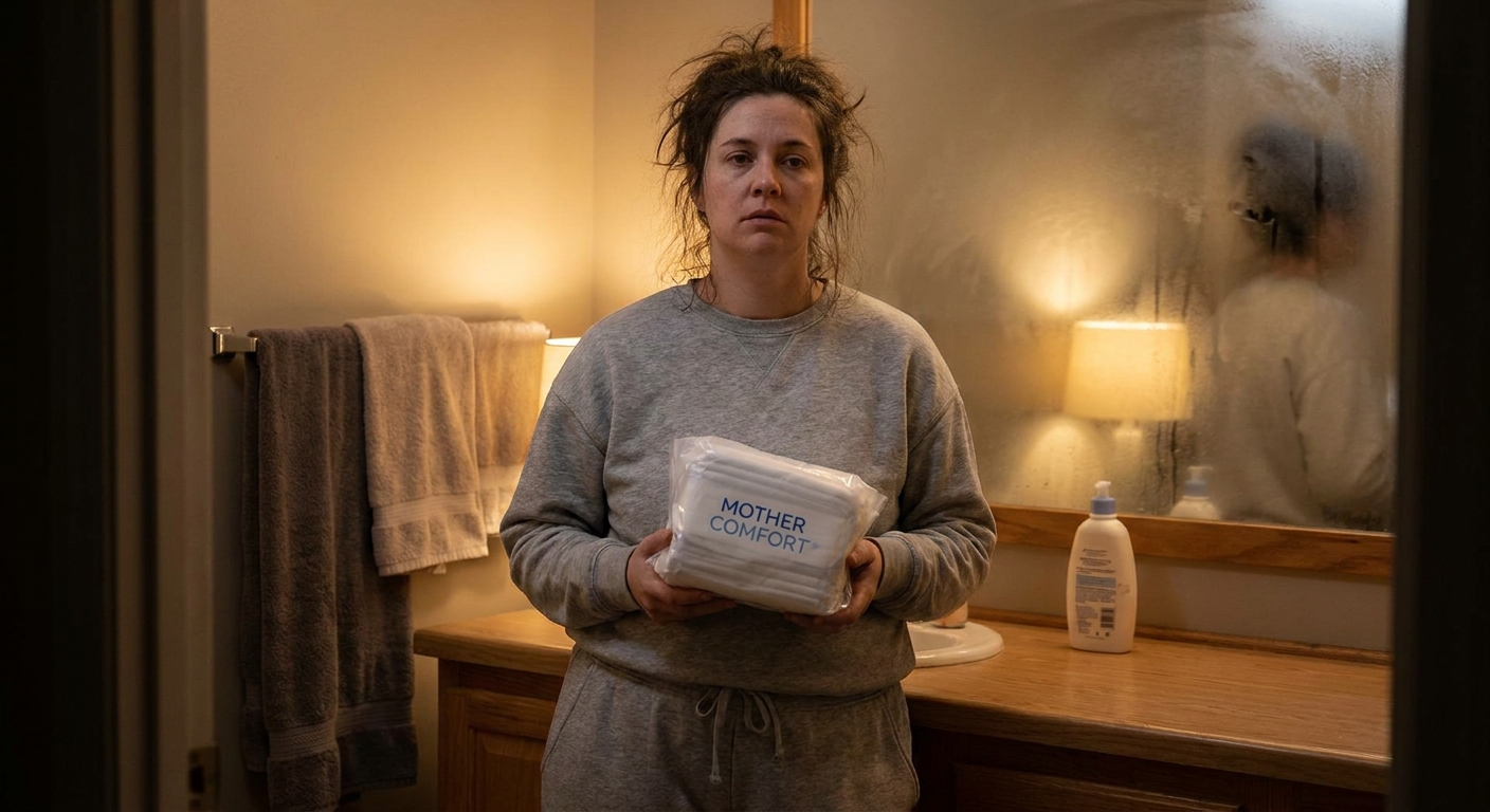 A postpartum parent standing in a softly lit bathroom holding a sealed pack of large maternity pads, realistic photo style