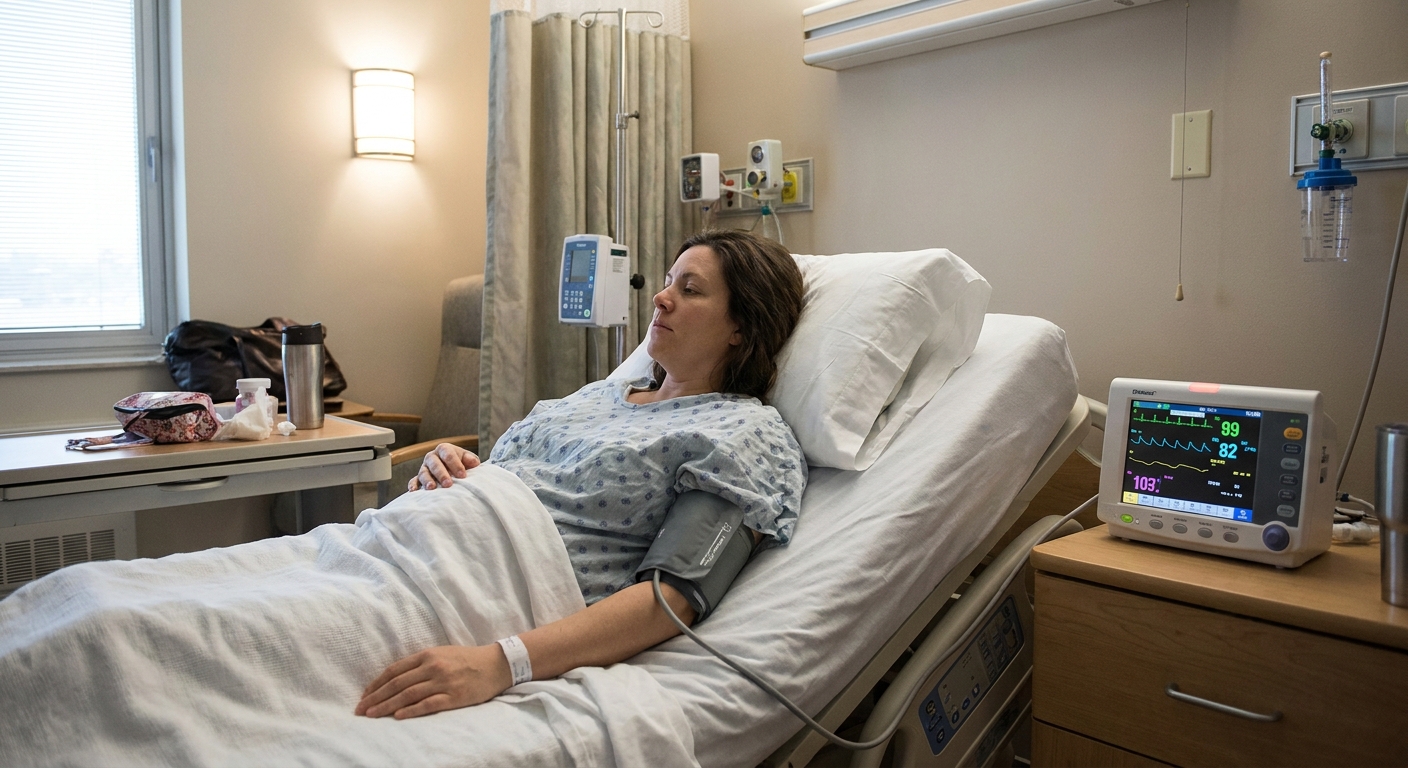 A postpartum patient in a hospital bed with a blood pressure cuff on their arm and a monitor nearby, soft clinical lighting, realistic photo