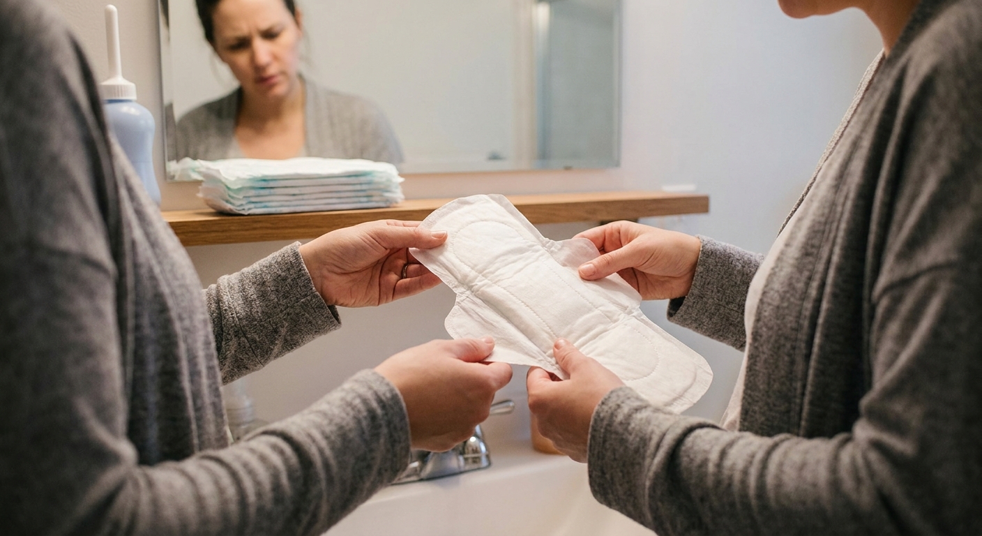 A postpartum person’s hands holding a maternity pad in a bathroom, realistic photo showing concern and assessment without any visible blood details