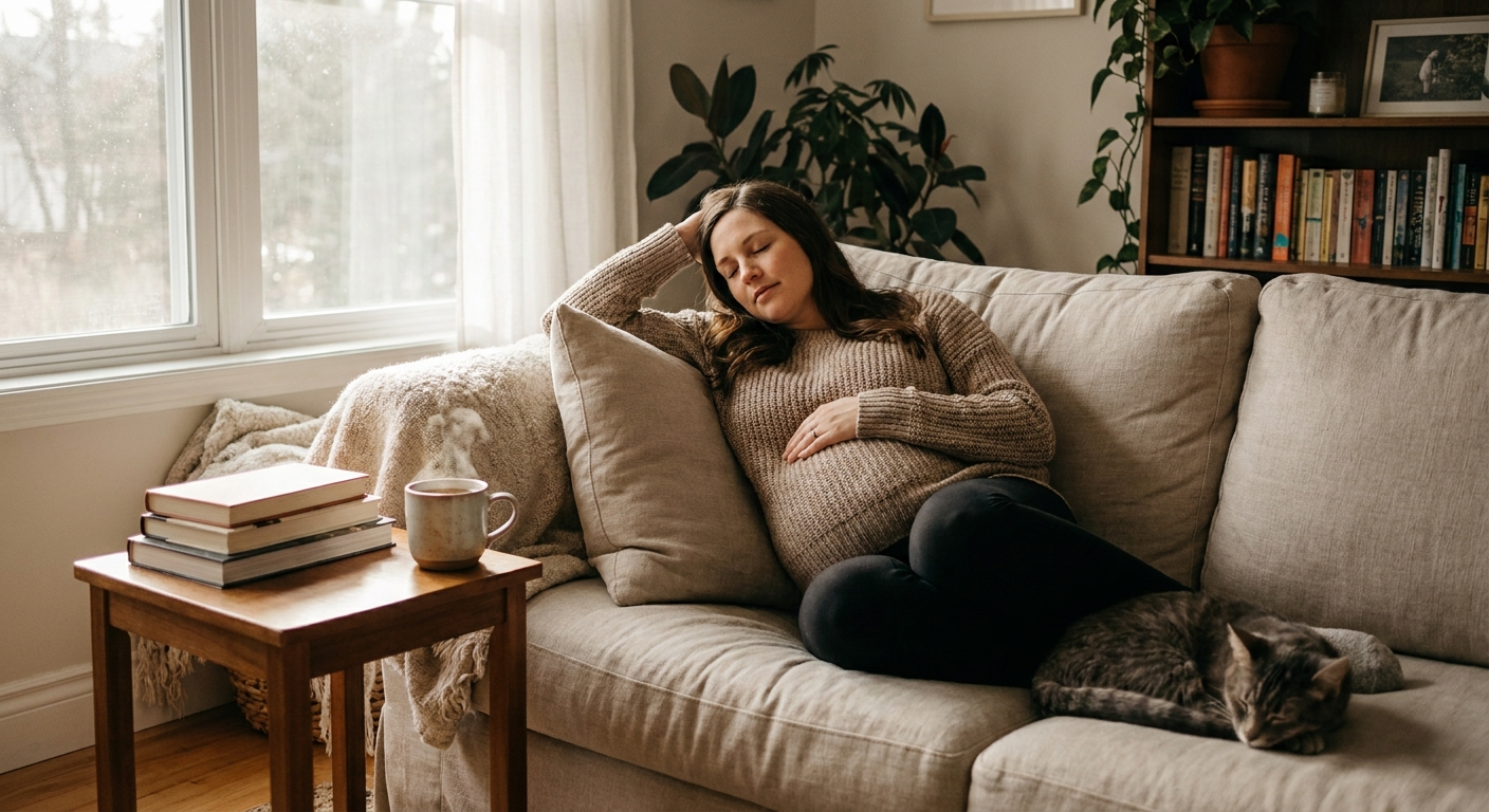 A pregnant parent resting on a living room couch with a cup of tea on a nearby table, soft natural window light, peaceful home photo