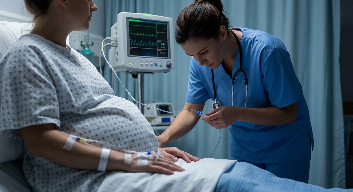 A pregnant person in a hospital labor room with an IV line in place while a nurse checks the IV tubing and monitor, realistic documentary-style photo