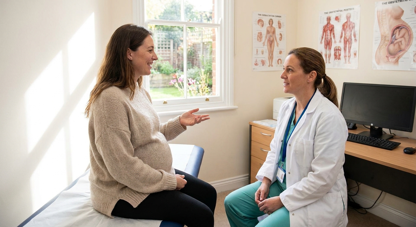 A pregnant woman sitting in an exam room talking with an obstetrician, with a calm, supportive clinical setting and natural lighting, documentary photo style