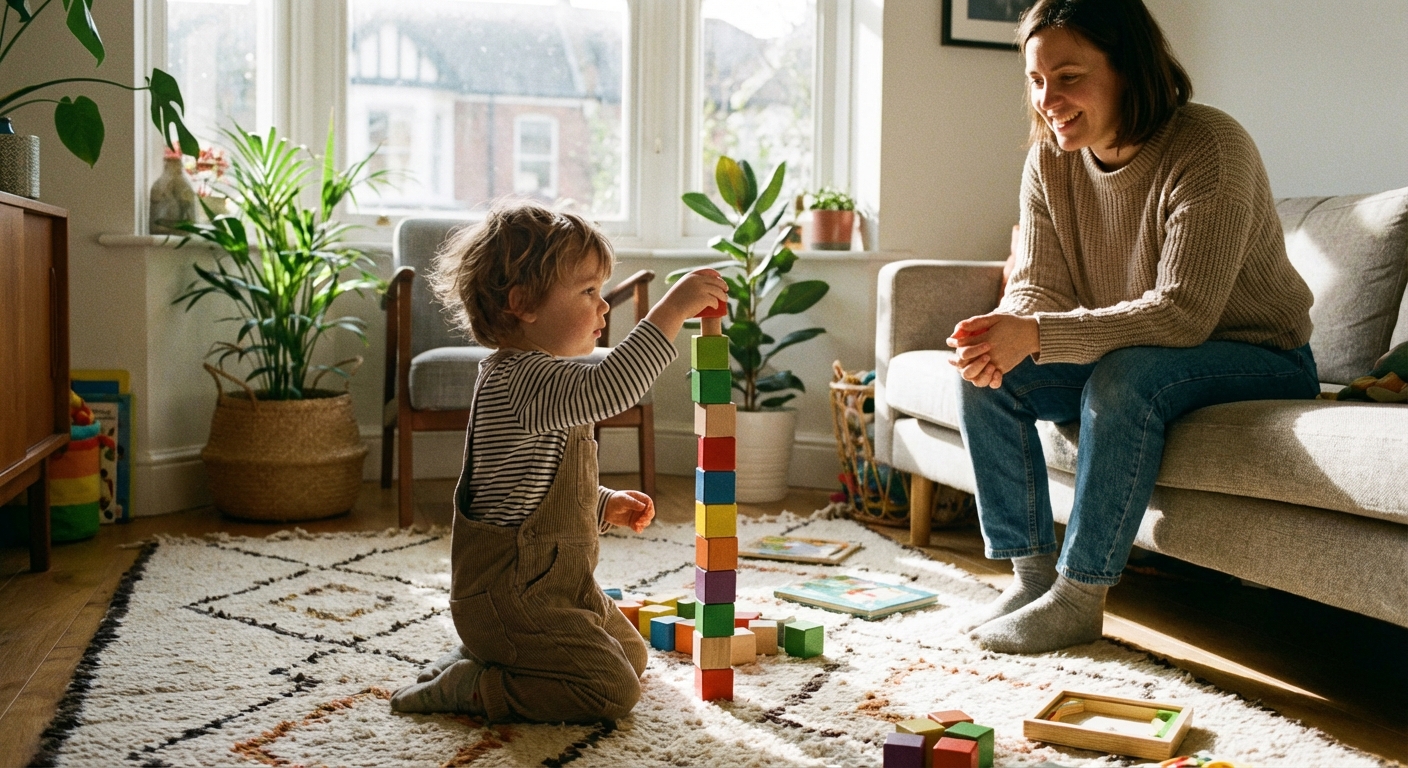 A preschool-aged child building a tall block tower on a living room rug while a parent watches nearby, bright natural window light, candid lifestyle photo