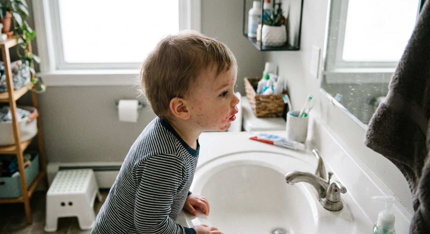 A preschool-aged child in a home bathroom with small red bumps and mild redness around the mouth area, natural window light, real-life candid photo