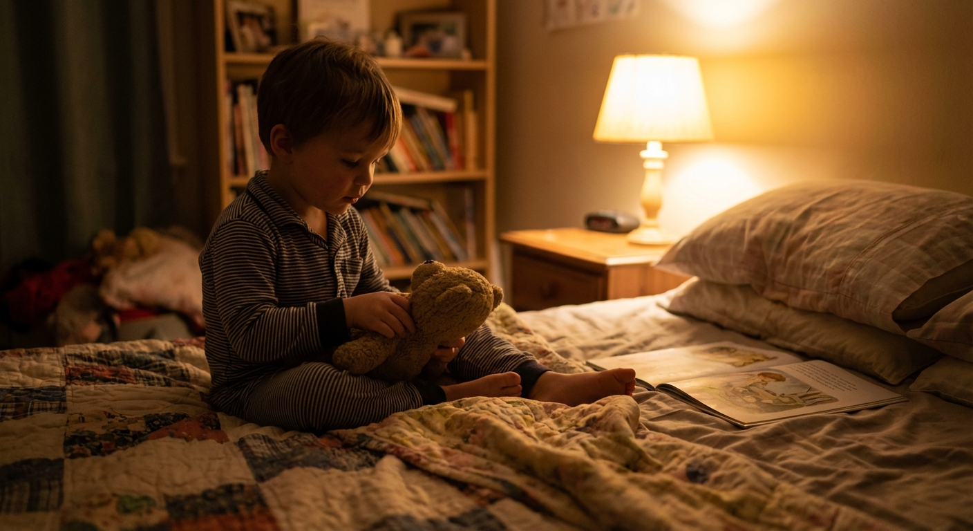 A preschool-aged child in pajamas holding a stuffed animal with both hands while sitting on a bed during bedtime routine, warm lamp light, cozy home photograph style