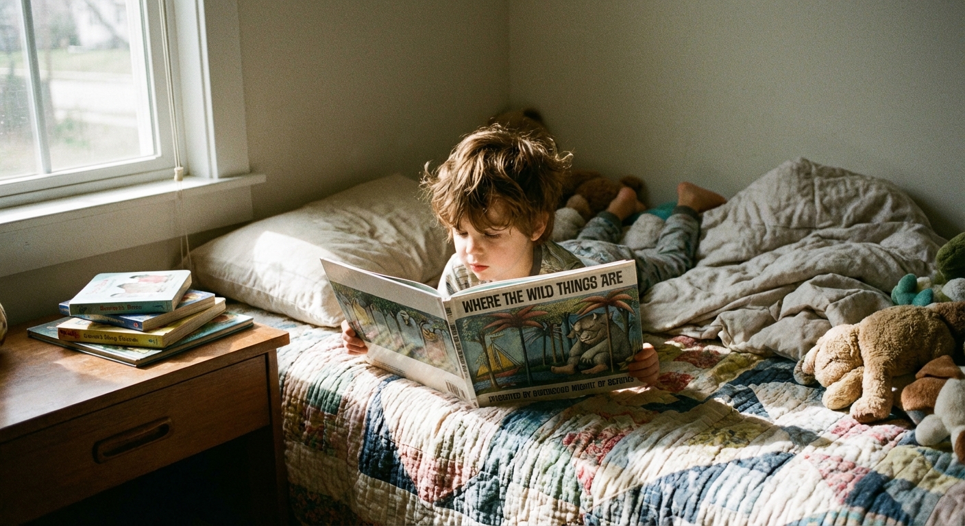 A preschool-aged child lying on their bed reading a picture book during daytime with a small stack of books nearby, soft natural light, candid home photo style
