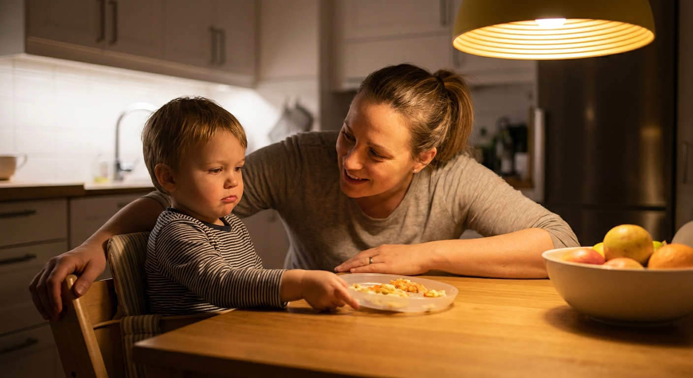 A preschool-aged child sitting at a dinner table gently pushing a plate away while a parent sits nearby, warm indoor lighting