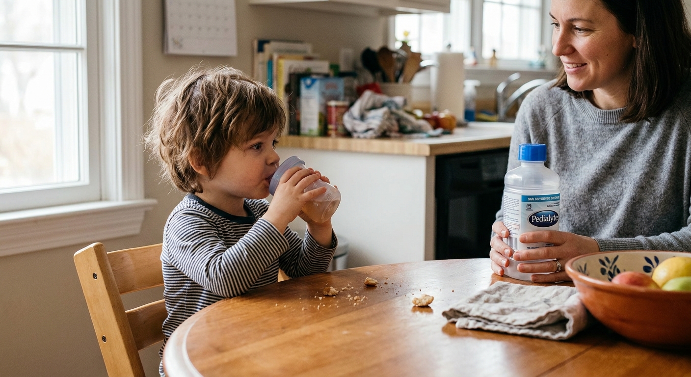 A preschool-aged child sitting at a kitchen table taking small sips from a cup while a parent holds an oral rehydration solution bottle nearby, natural indoor photo