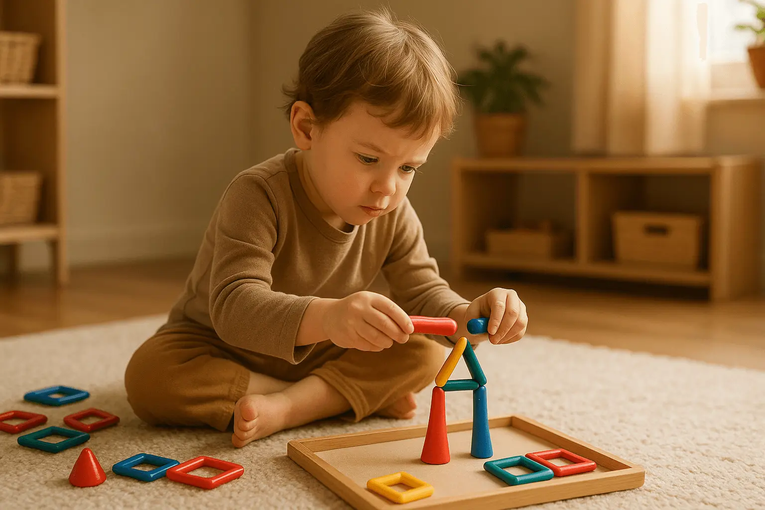 A preschool-aged child sitting cross-legged on a playroom floor while stacking wooden toys, relaxed posture, candid photo