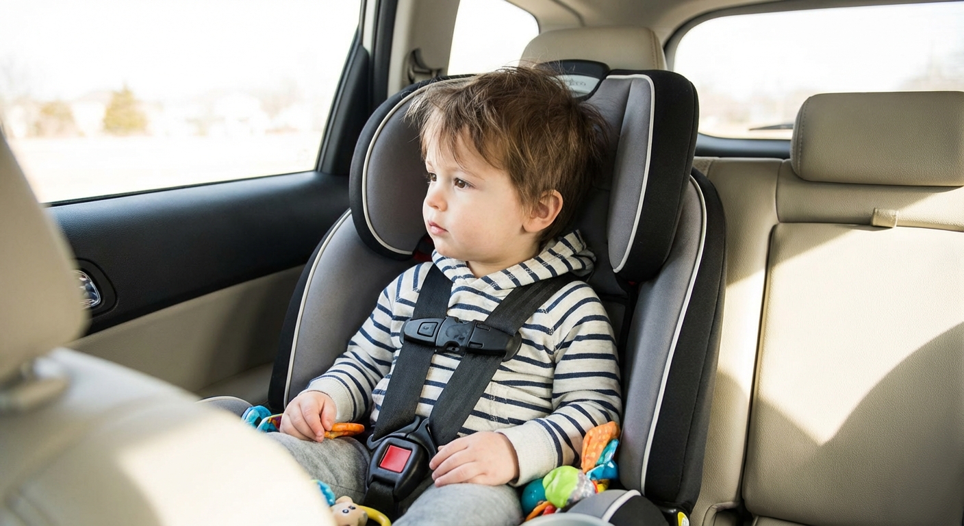 A preschool-aged child sitting forward-facing in a car seat with a snug five-point harness, chest clip positioned at armpit level, inside a family car, photorealistic