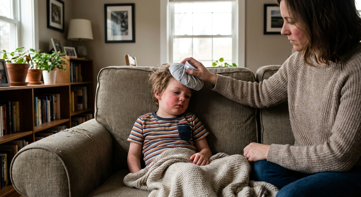 A preschool-aged child sitting on a couch at home with a parent gently holding a cold pack to the child's forehead, realistic indoor family photo