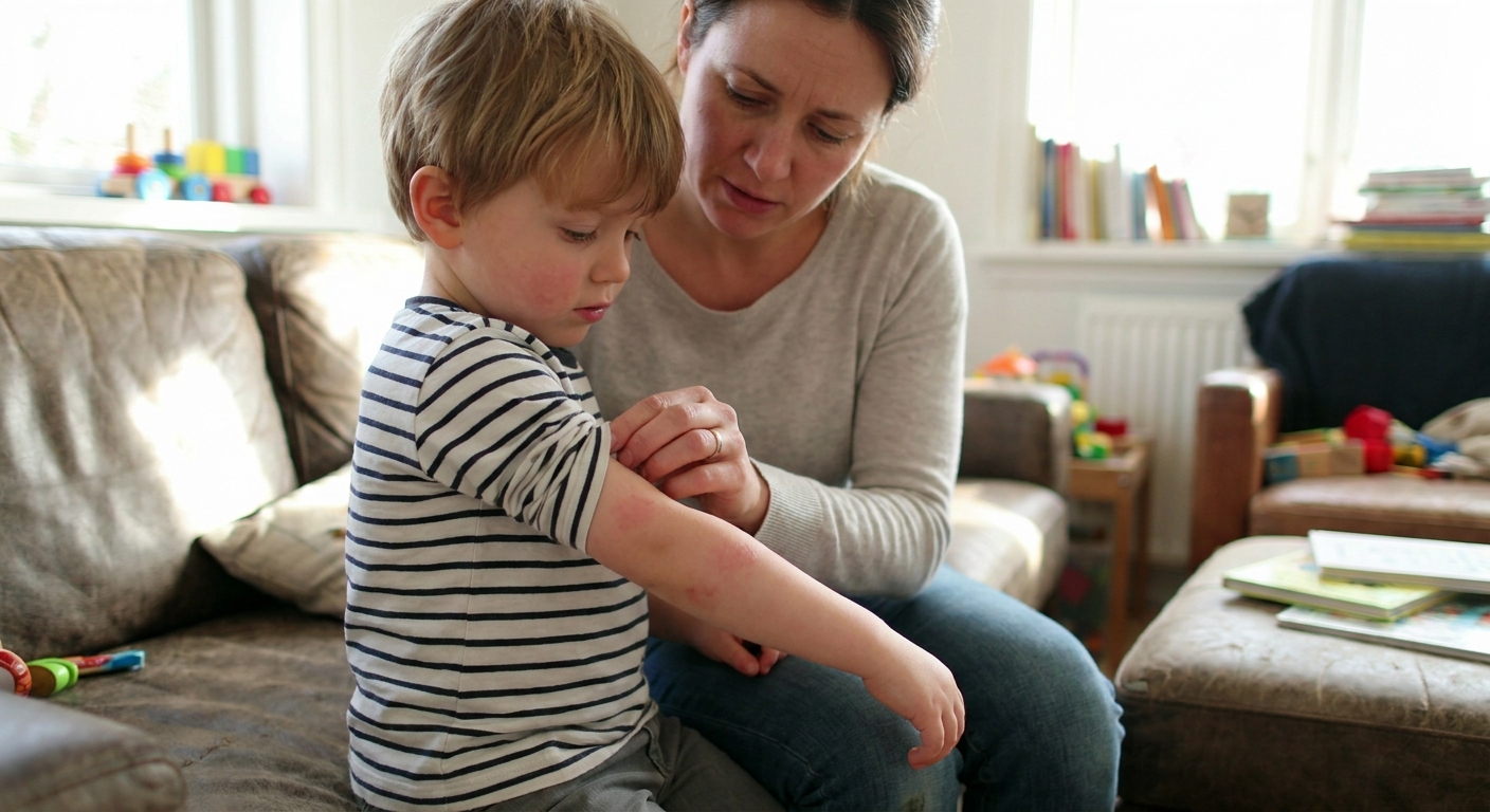 A preschool-aged child sitting on a couch at home with a parent gently lifting the child’s sleeve to look at a faint pink rash on the forearm, natural indoor light, real-life photo style