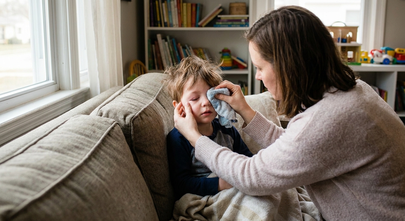 A preschool-aged child sitting on a couch at home while a parent gently holds a warm washcloth near the child’s irritated pink eye, natural window light, real-life family photo style