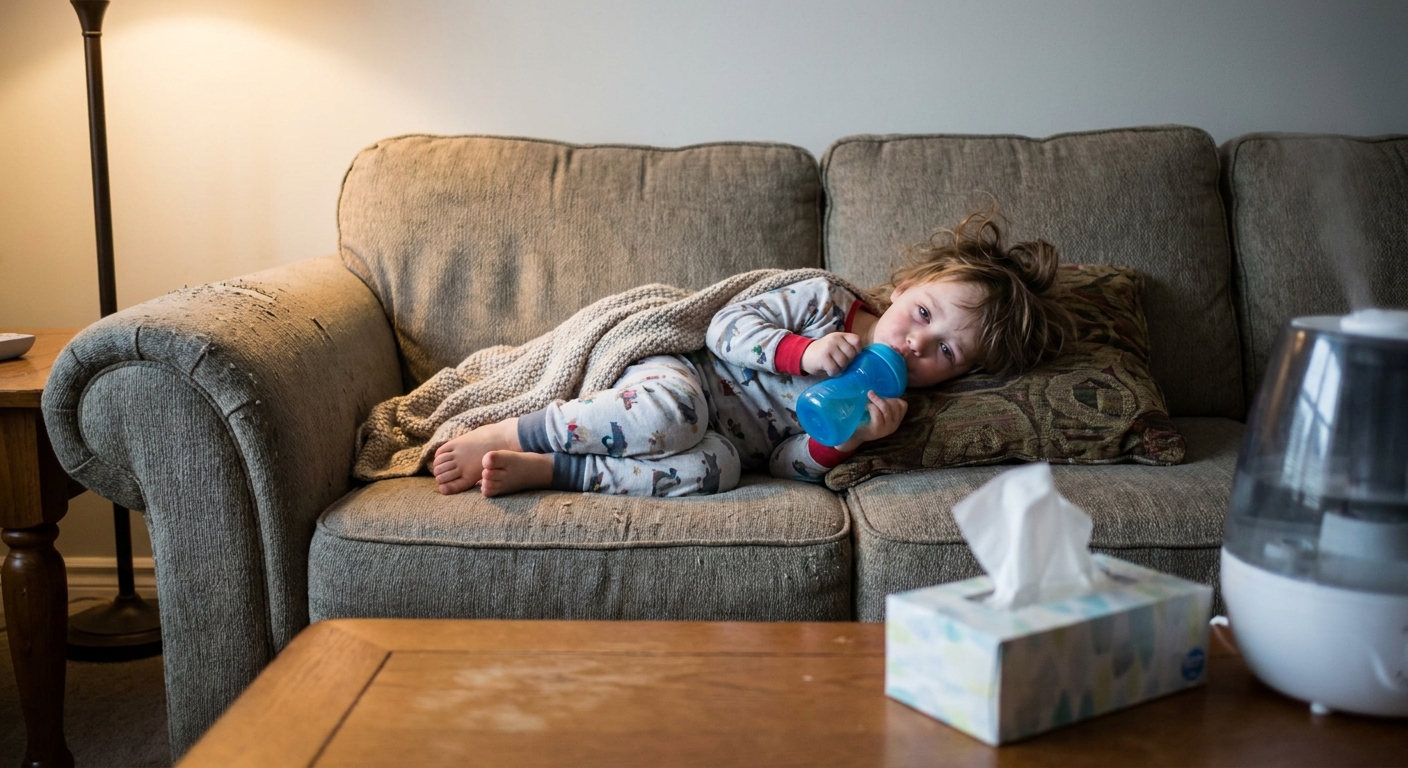 A preschool-aged child sitting on a couch sipping water with a tired expression, realistic home photo suggesting a sore throat