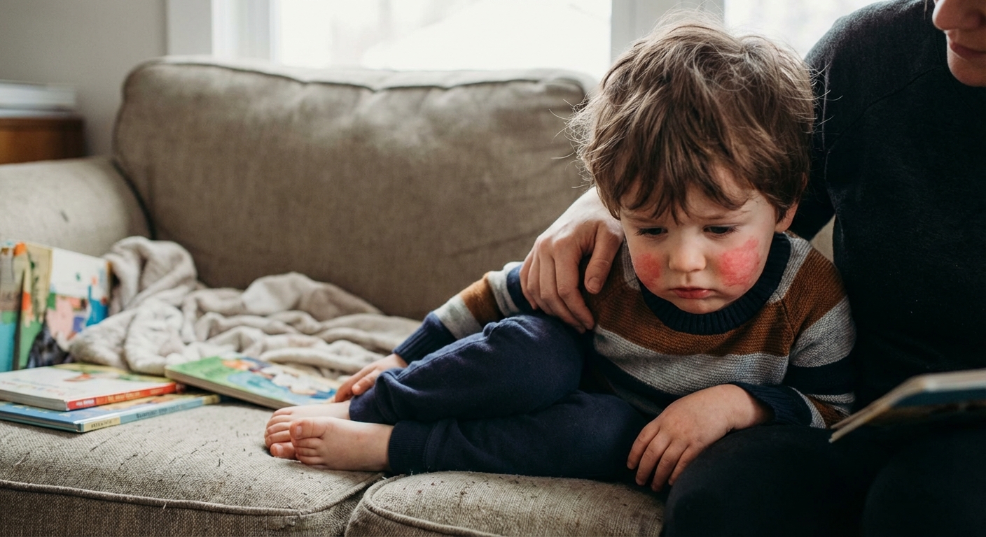 A preschool-aged child sitting on a couch with a noticeable bright red rash on both cheeks, soft indoor natural light, candid family photo style