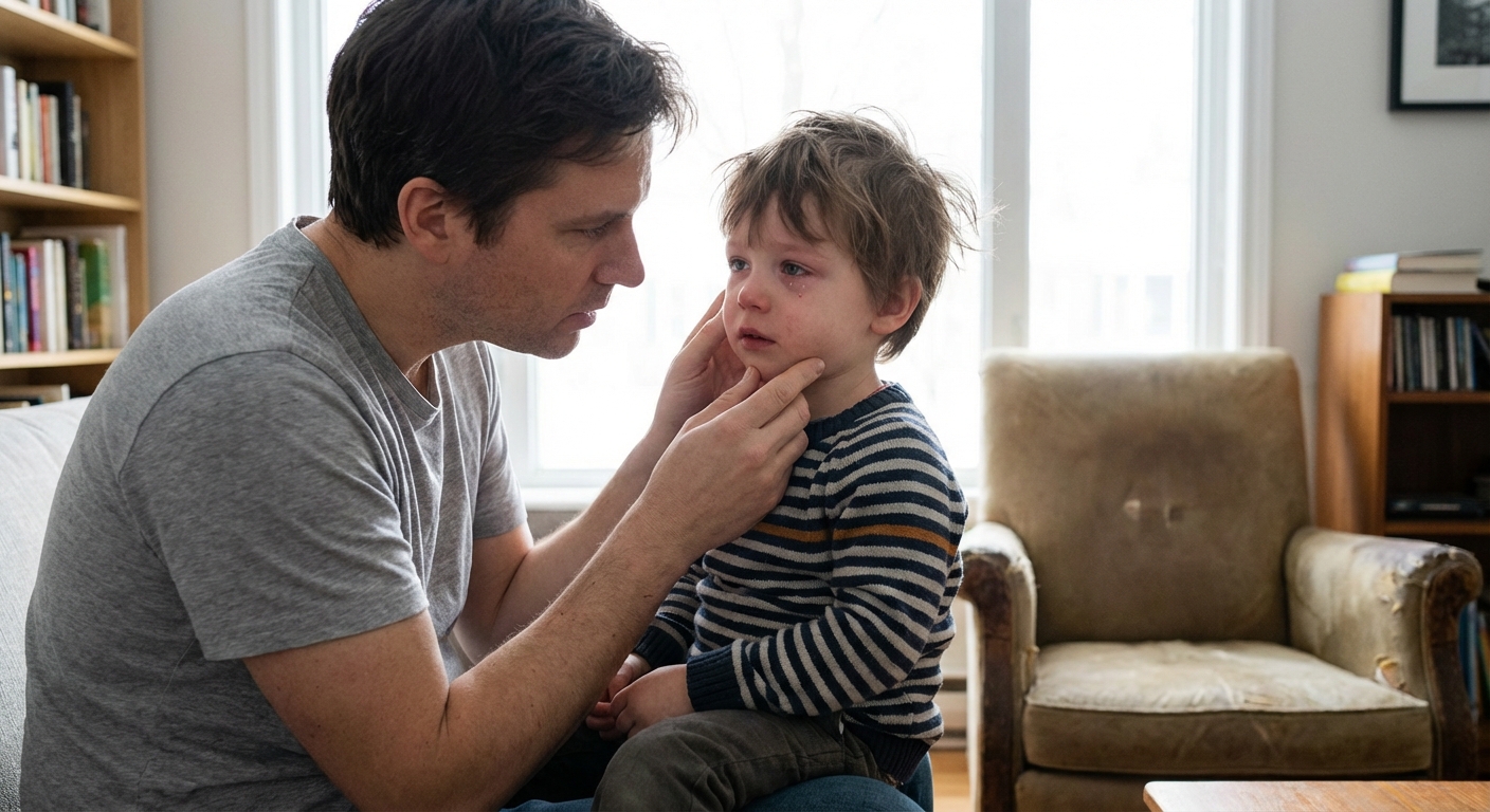A preschool-aged child sitting on a parent’s lap indoors with slightly watery, irritated eyes while the parent looks closely with concern, natural window light, photorealistic candid family photo