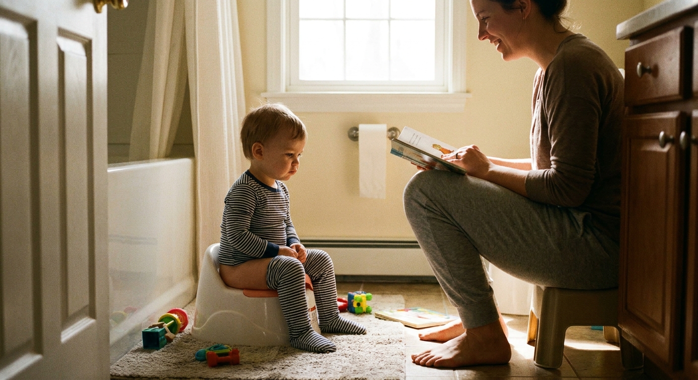 A preschool-aged child sitting on a small potty chair in a home bathroom while a parent waits nearby, warm natural light, candid photo