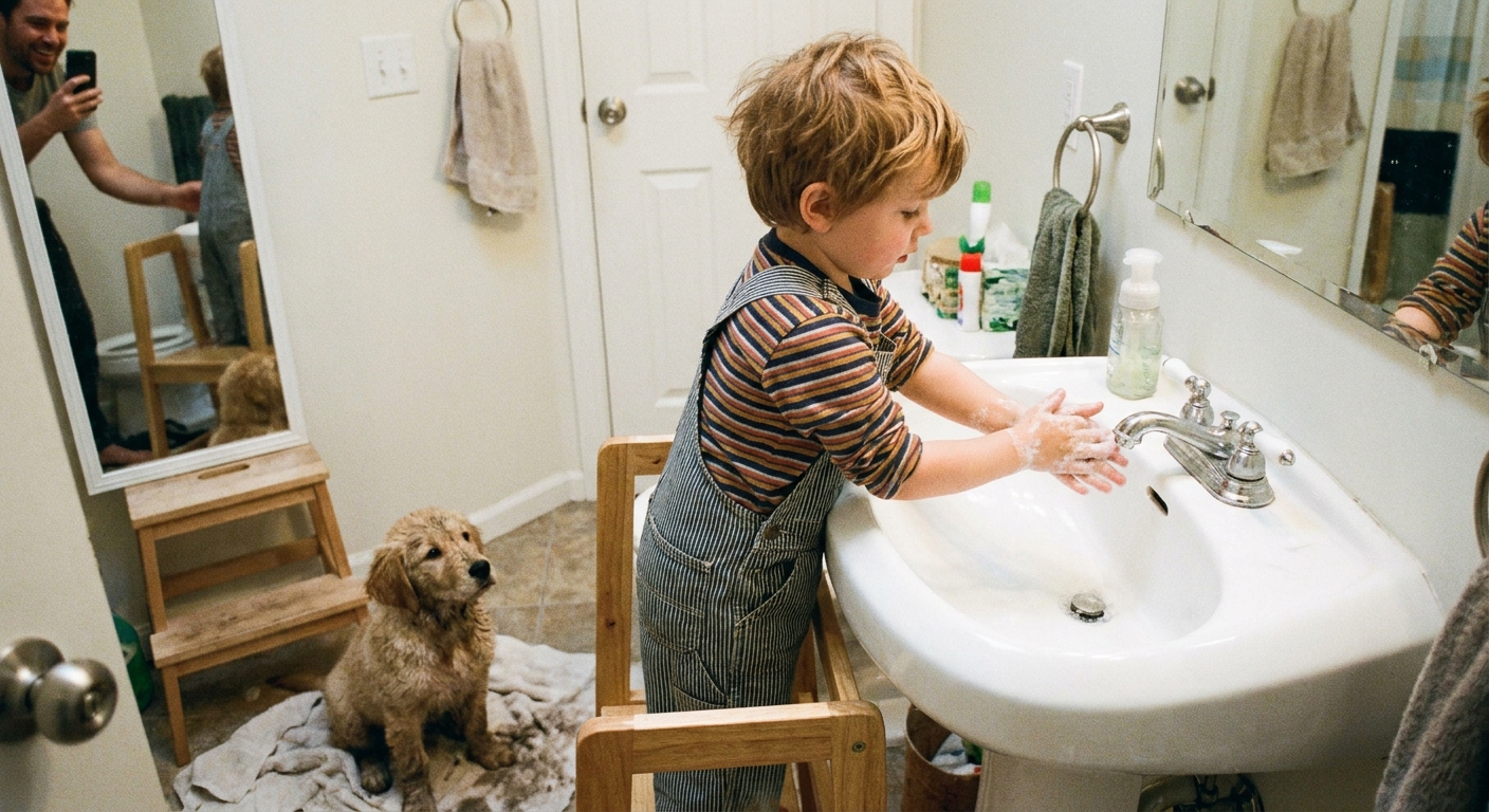 A preschool-aged child standing on a step stool washing hands at a bathroom sink after playing with a puppy, candid family photo