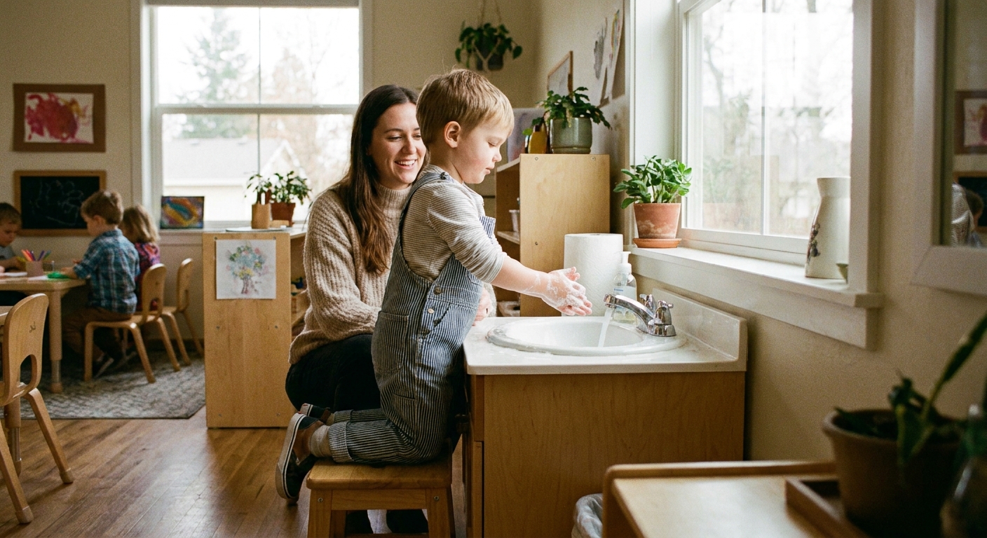 A preschool-aged child standing on a stool washing hands at a small classroom sink while a teacher supervises in the background, natural light photography