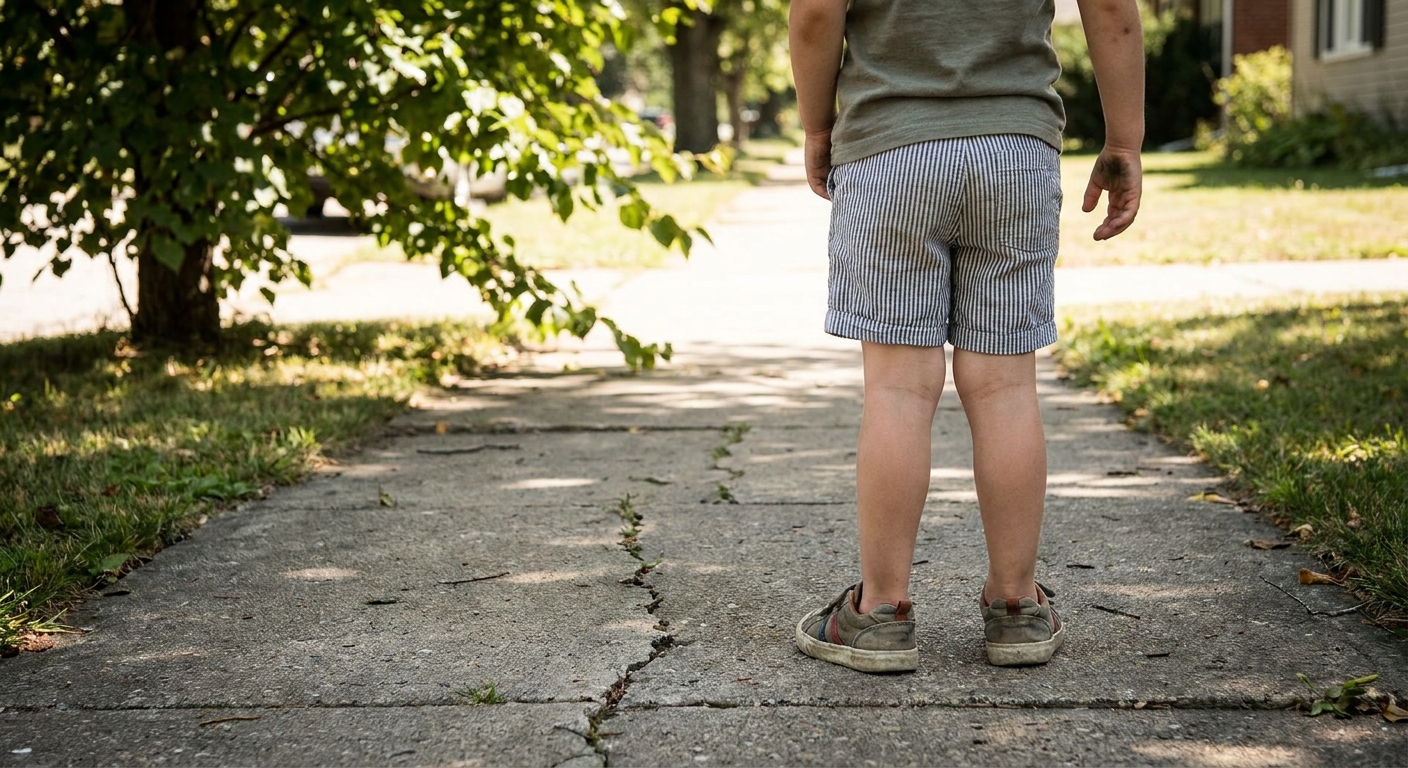 A preschool-aged child standing outdoors in shorts on a sidewalk, legs visible in a natural stance, real-life photo